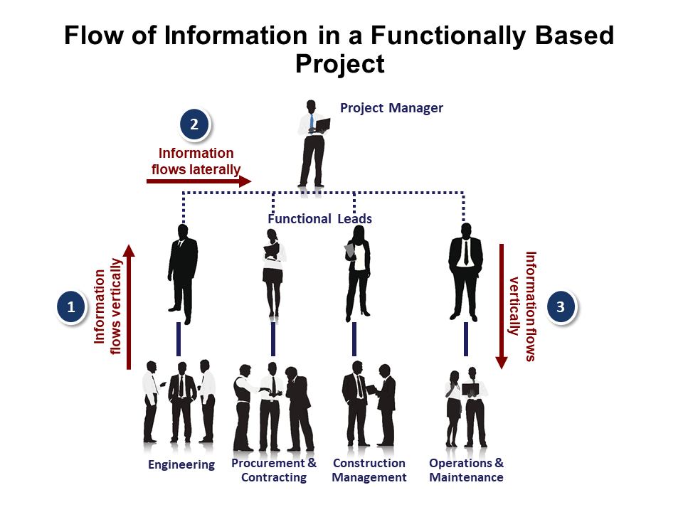 Information in a functionally based project flows up, laterally, and then down.