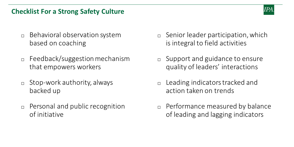 Checklist for a strong safety culture