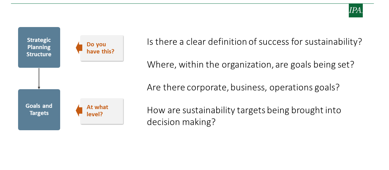 Flowchart questioning the presence of a strategic planning structure and goals at different levels for sustainability within an organization.