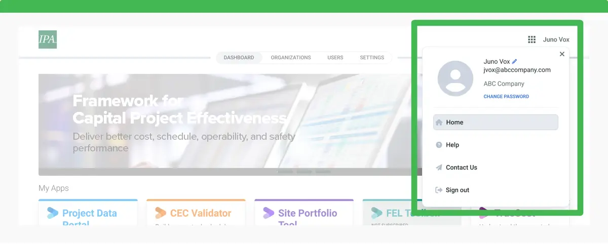 IPA Platform user profile dropdown menu with options including Home, Help, Contact Us, and Sign out.