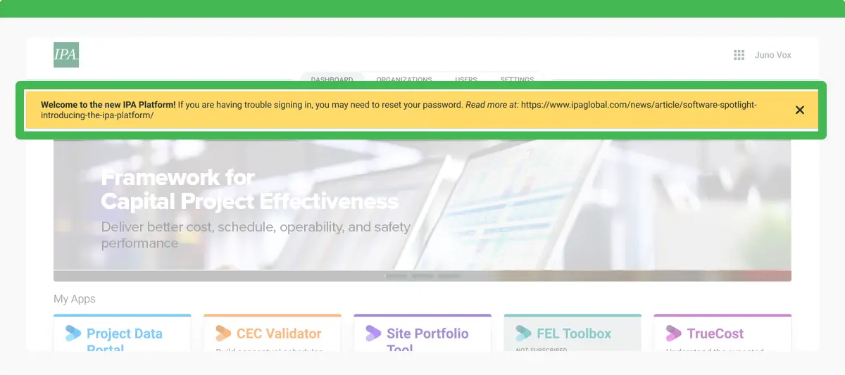 IPA Platform dashboard showing a yellow system message banner with a link for users needing help signing in.